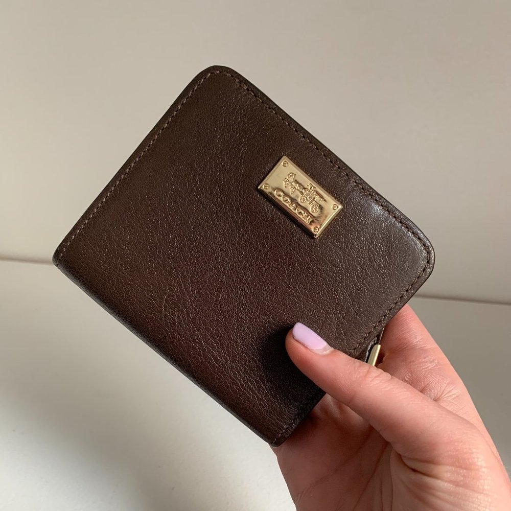 Coach Brown Leather Compact Wallet with Gold Plaque